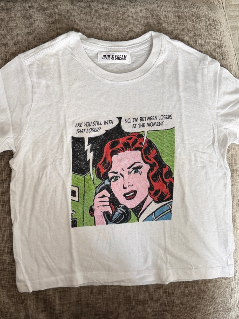 Blue & Cream White Tee with Pop Art Red-Haired Graphic